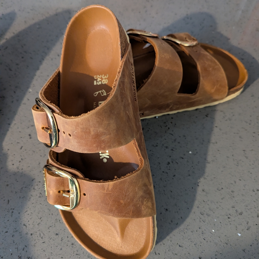 Brown Leather Sandals with Gold Buckles - Picture 3 of 6